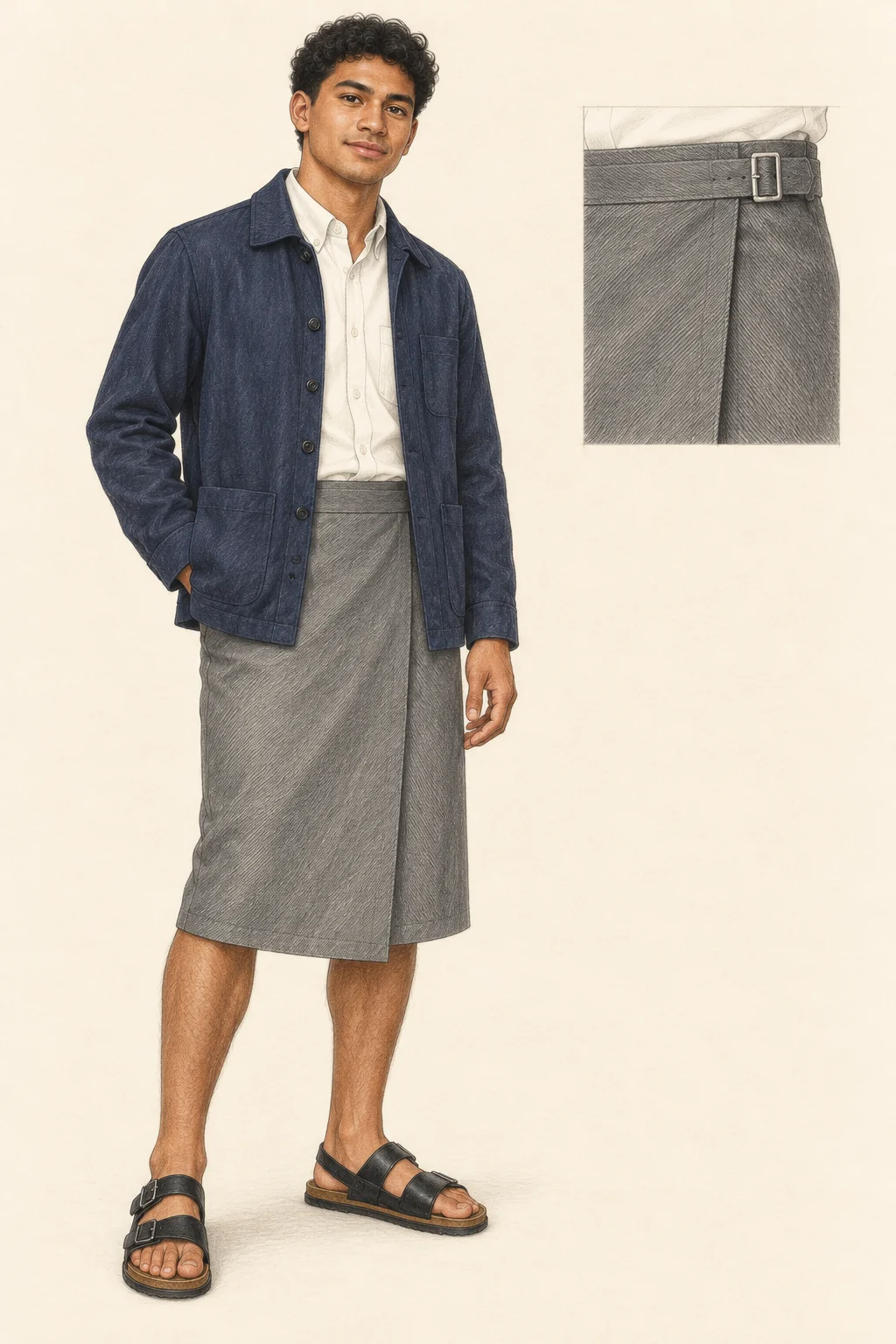 Coloured-pencil portrait of a young Fijian man in a navy shirt jacket, ivory shirt, grey pocket sulu and black backstrap sandals, with a separate waistband detail on warm ivory paper.