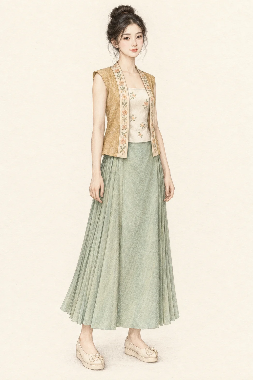 A young woman in a golden-buff open vest, floral camisole, pale-green pleated skirt and cream platform shoes.