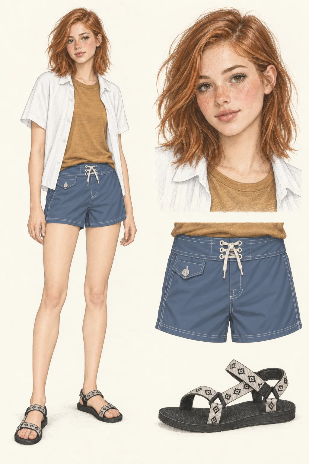 Youthful Surfcore fashion sketch with boardshorts, a loose shirt and warm color.