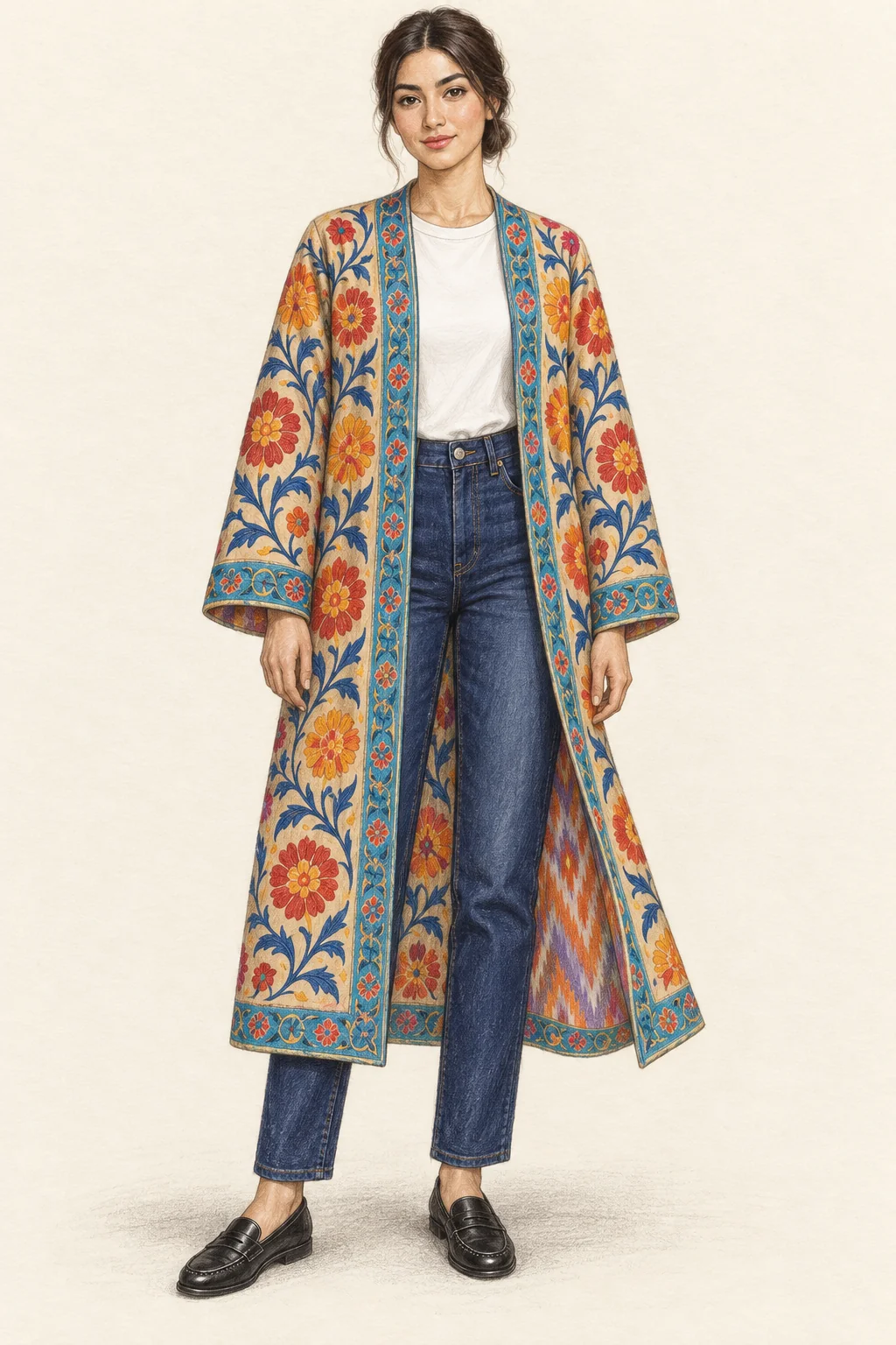 Detailed coloured-pencil full portrait of a young Uzbek woman in a sand floral suzani chapan over a white tee and dark jeans with black loafers on ivory paper.