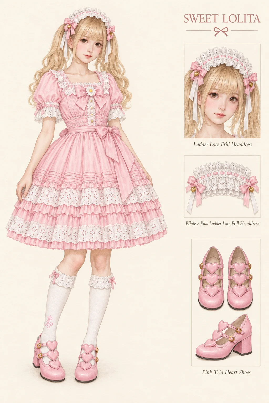 Colored-pencil Sweet Lolita sheet on ivory: a youthful fictional Japanese character with golden curled twin tails and a fringe wears a white/pink lace headdress, pale pink daisy dress with full knee-length skirt, white high socks and complete pink heart shoes. Separate face, headdress and shoe studies sit at right.