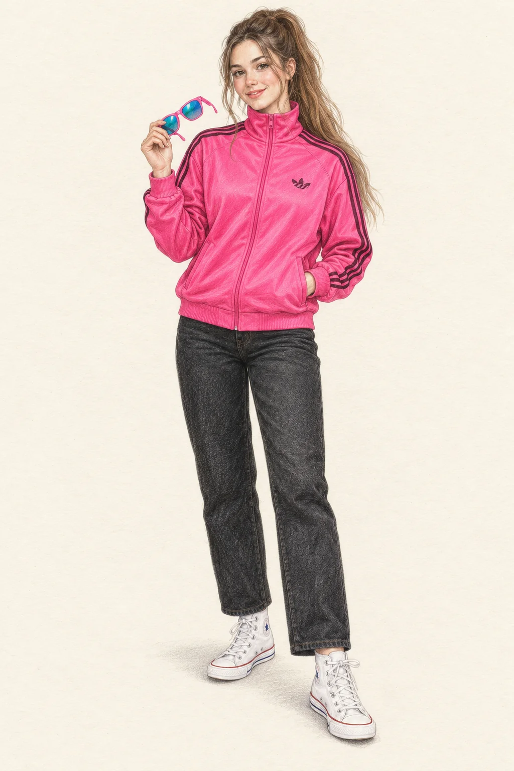 Youthful Synthwave pencil fashion sketch: power-pink trackwear with black denim and teal lenses.