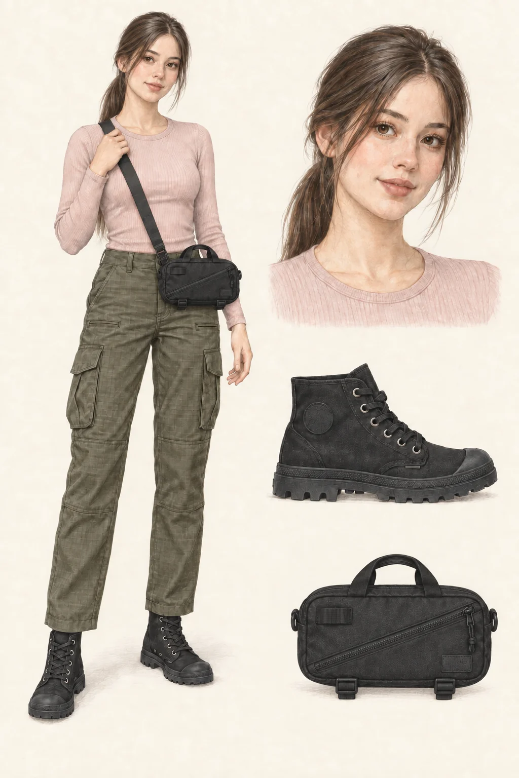 Colored-pencil sheet of a young woman with a low brown ponytail in a pale rose ribbed top, olive cargo trousers, black canvas ankle boots and a compact black crossbody pack, with portrait, boot and bag studies.