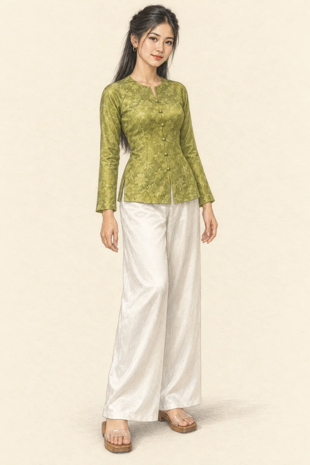 Full coloured-pencil Vietnamese woman in a green short button-front shirt, white loose trousers and wooden clear-strap shoes.
