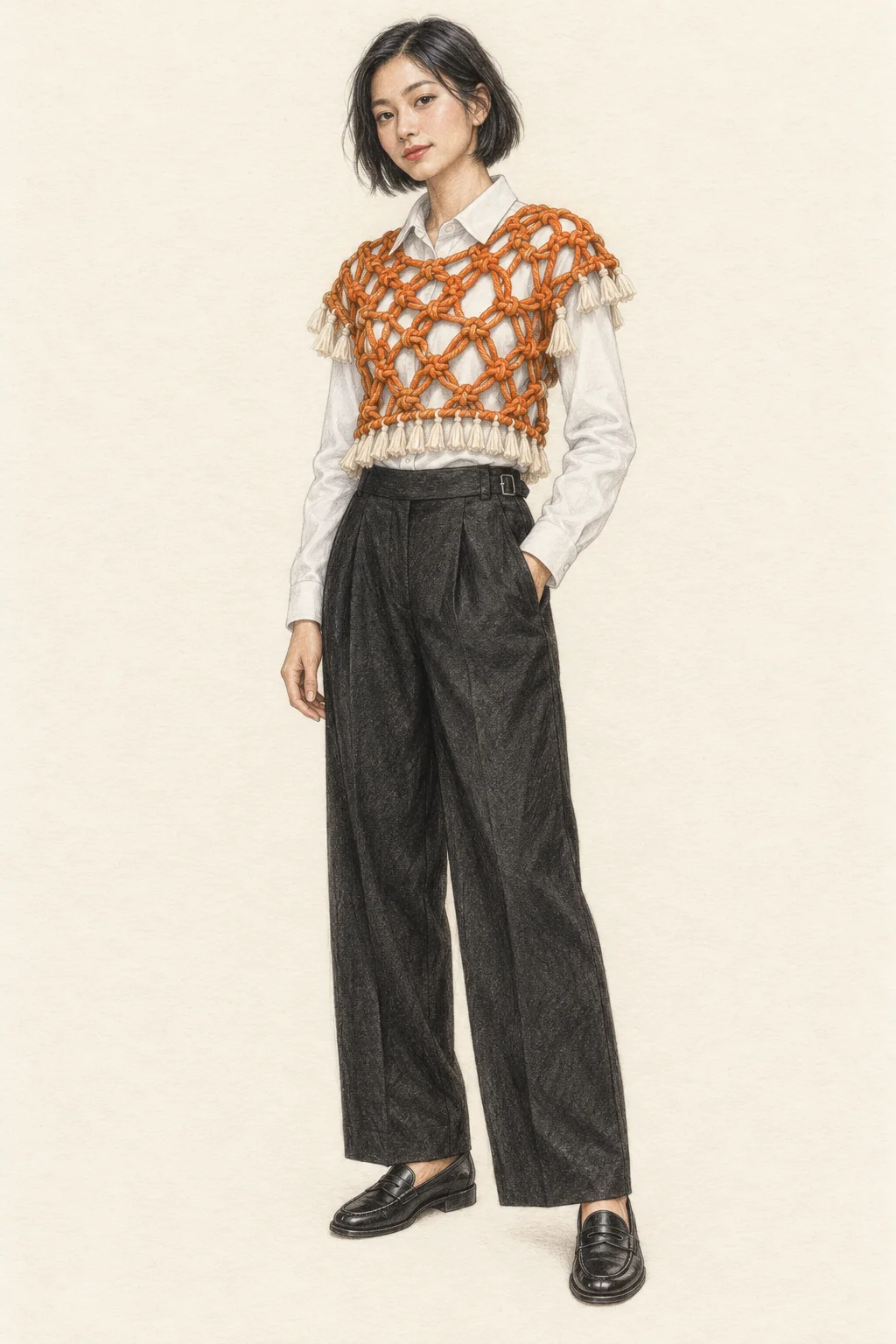 Colored-pencil figure wearing a knotted orange-and-white top, white shirt, wide black trousers and loafers.