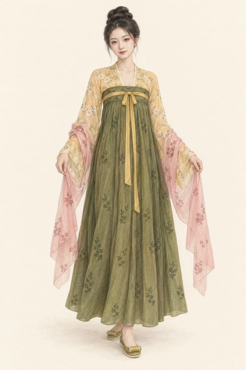 Colored-pencil full figure of a fictional young Chinese woman in yellow shan, olive chest-high skirt, pink pibo and raised-toe green cloth shoes.