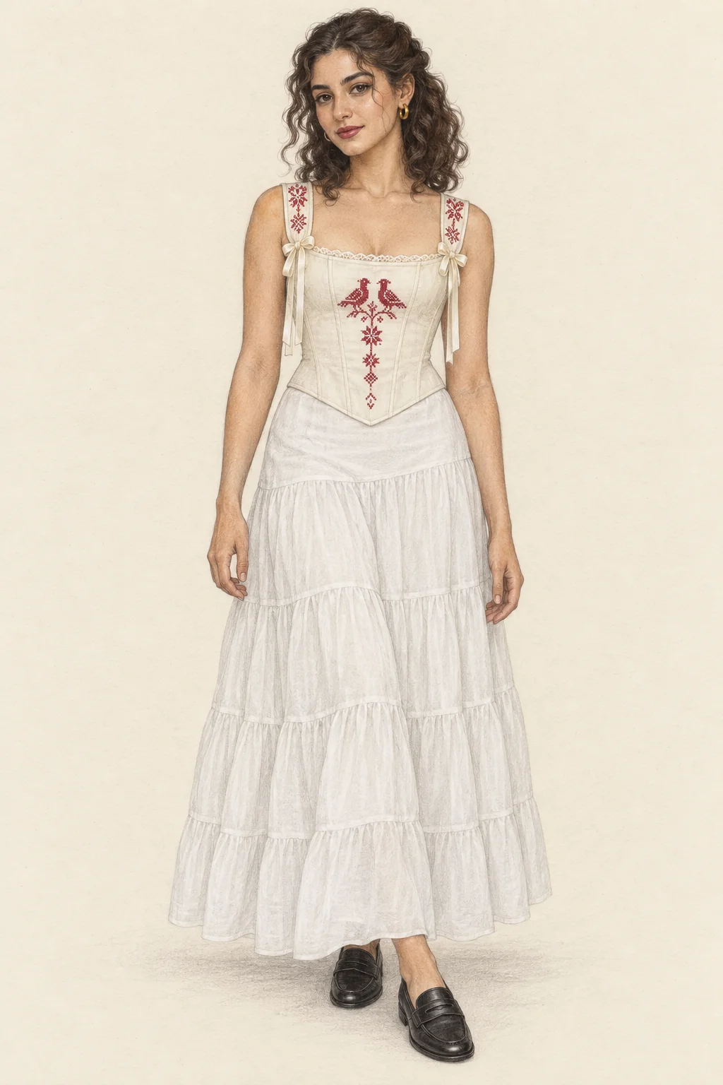 Detailed coloured-pencil full portrait of a fictional young Palestinian British woman in an ivory red-embroidered corset, white tiered skirt, black loafers and gold hoops.