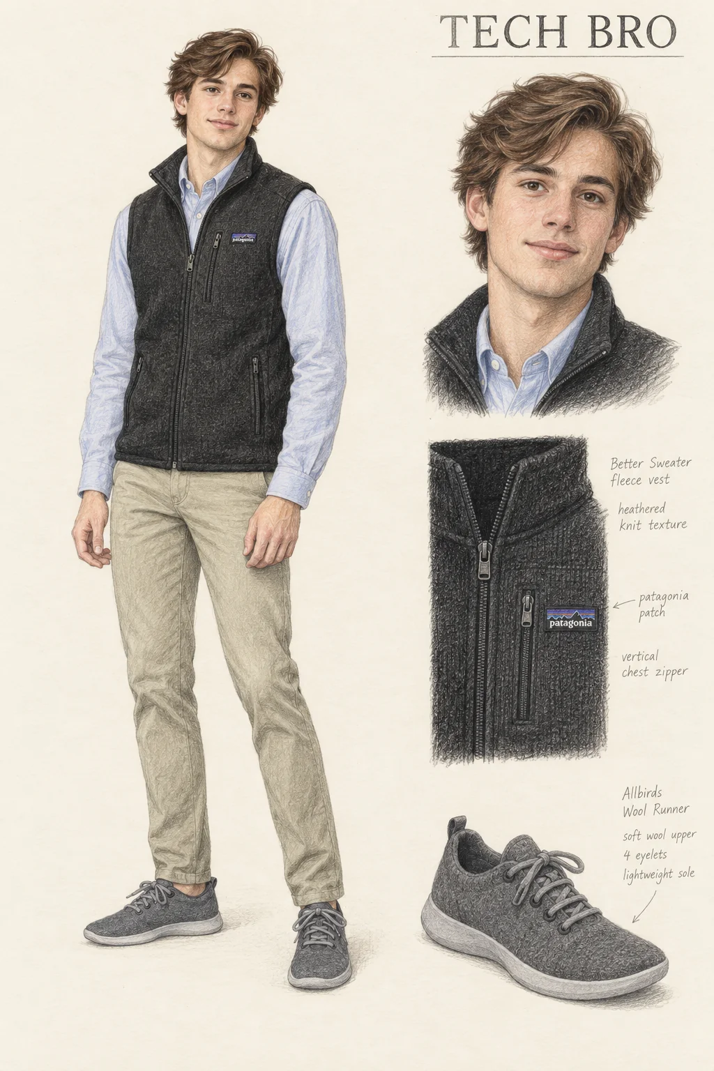 Detailed colored-pencil Tech Bro fashion sheet on opaque warm ivory paper: A black fleece vest, pale blue Oxford and grey wool sneakers. Complete youthful fictional figure at left, matching portrait and item studies at right.