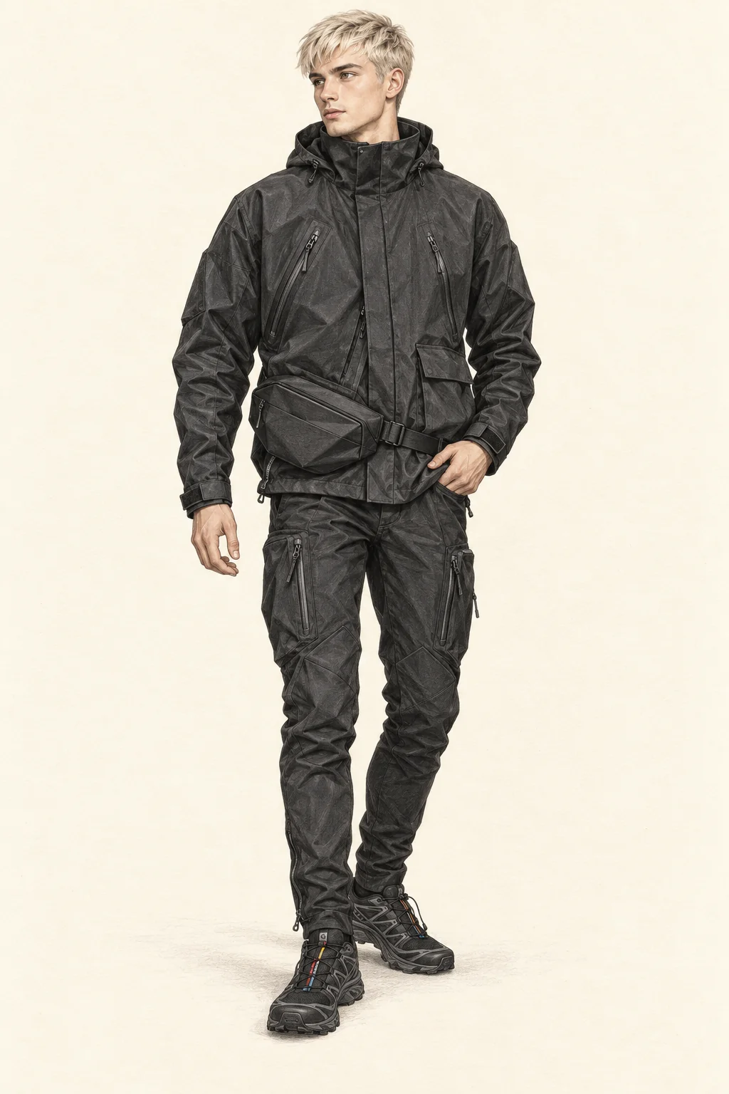Detailed graphite and colored-pencil full-body portrait of a young man in a black high-collar shell, articulated tapered cargo trousers, low black trail shoes and folded waist bag on ivory paper.