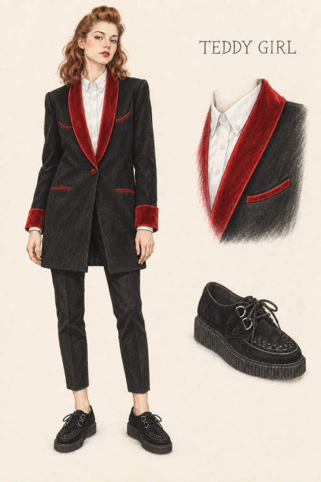 Realistic coloured-pencil sketch of a slim young woman with a soft front quiff and shoulder-length hair wearing a black red-velvet-trim drape, white shirt, narrow black trousers and black creepers.
