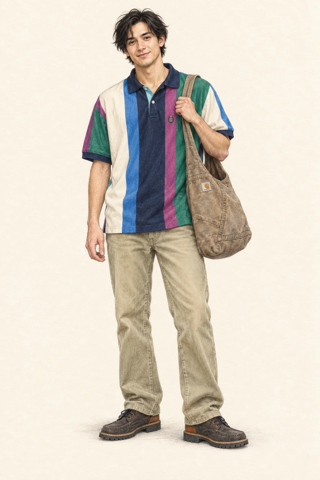 Youthful Thriftcore pencil fashion sketch: colorblock resale polo, khaki corduroy and a remade work bag.