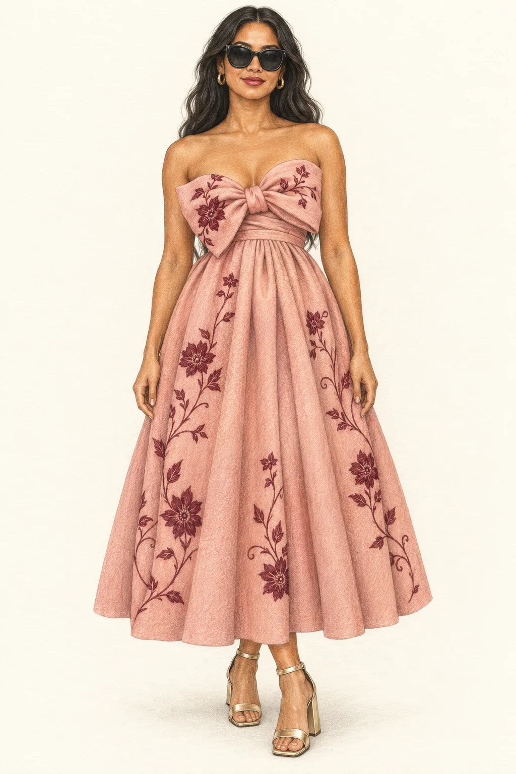 Fictional woman in a peach embroidered bow-front gown with black sunglasses and gold sandals.