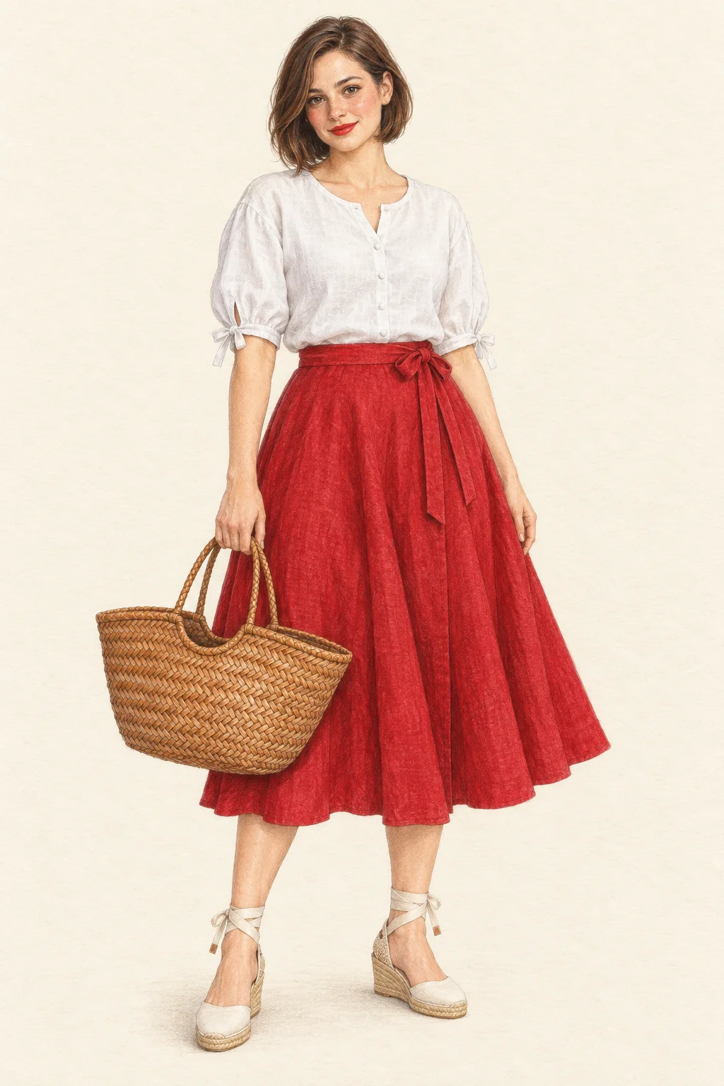 Colored-pencil portrait of a young woman with a chestnut bob and red lips wearing a white tied-sleeve blouse, red midi skirt and ivory espadrilles, holding a tan woven bag.