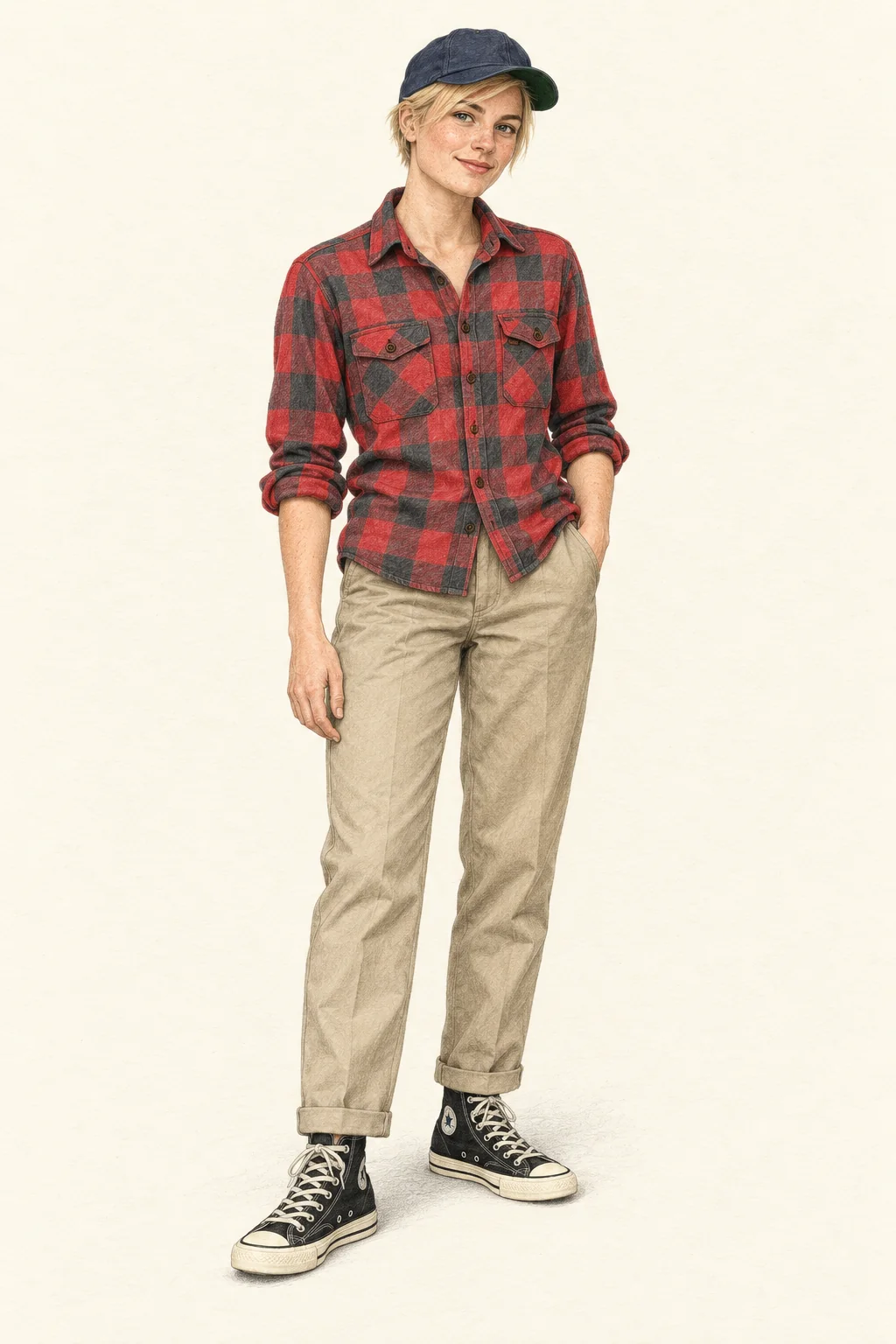 Realistic colored-pencil portrait of a young woman with short blonde hair, navy cap, red-and-gray checked shirt, khaki trousers and black high-top shoes on warm ivory paper.