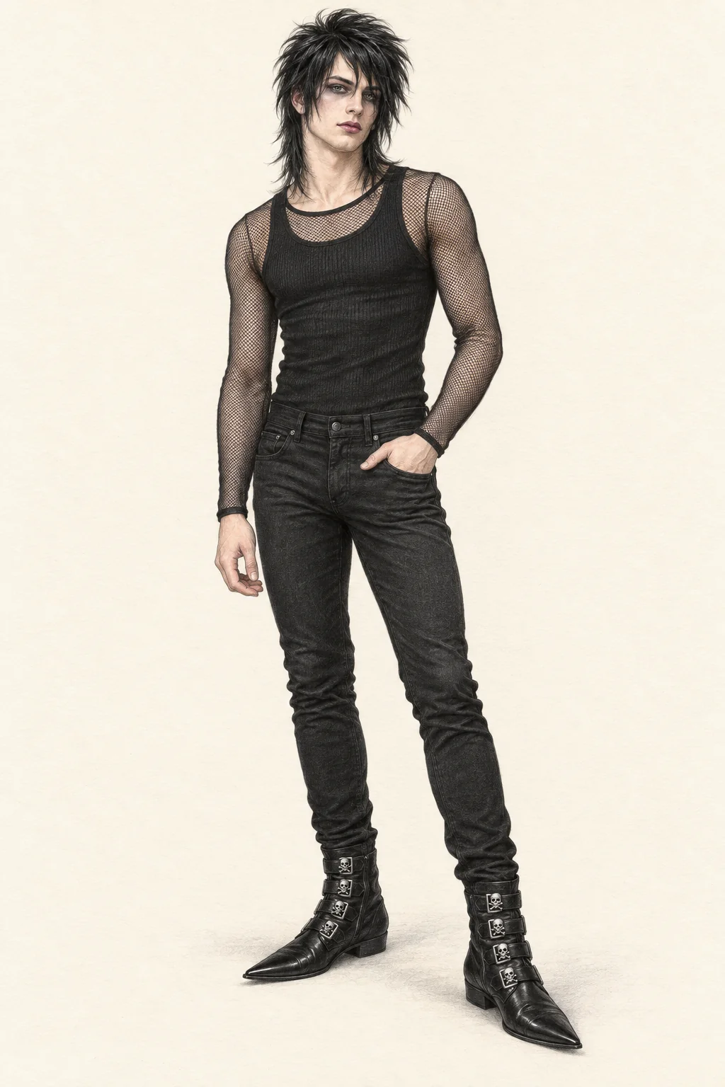 Detailed pencil portrait of a young figure man with lifted black hair, dark eye makeup, black mesh and ribbed tank, narrow jeans and pointed silver-buckle boots on ivory paper.