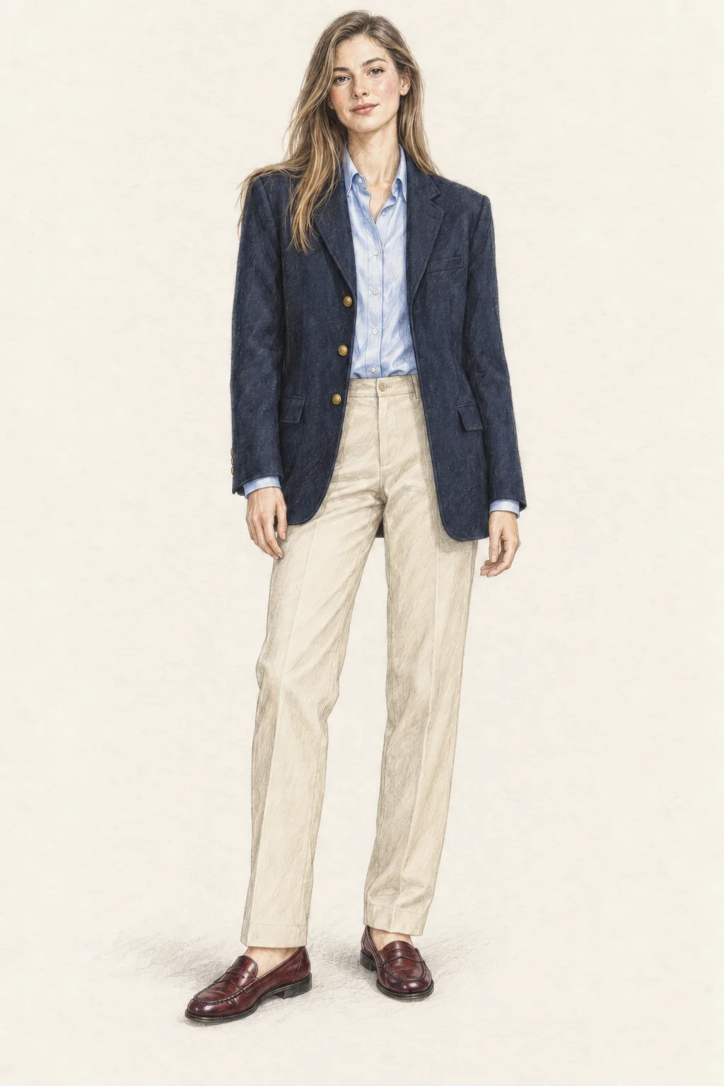A young adult woman with long hair wearing a navy brass-button blazer, pale blue Oxford shirt, pale straight chinos and wine penny loafers in a realistic colored-pencil fashion sketch.