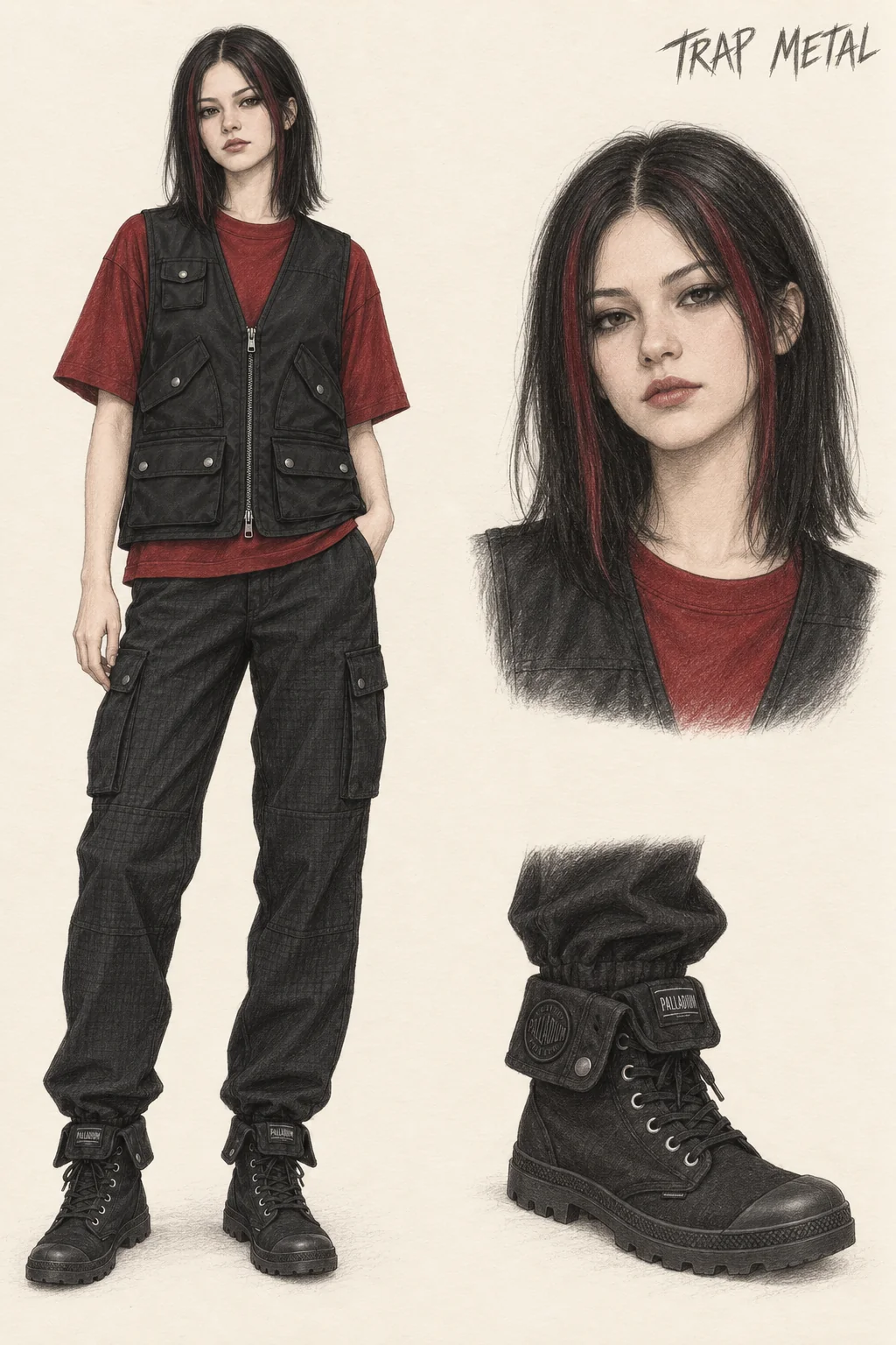 Colored-pencil sheet of a youthful woman with straight black hair and wine-red front streaks, red tee, black pocket vest, cargo trousers and folded canvas boots, with matching portrait and boot study.