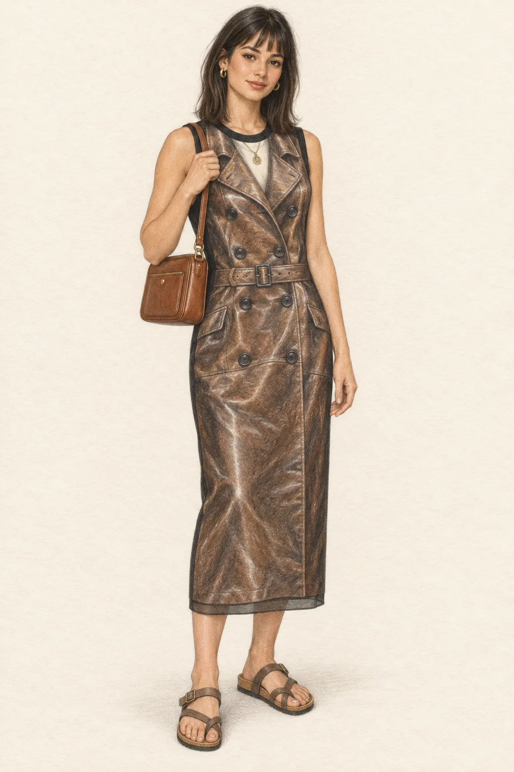 Fictional adult wearing a sleeveless column dress printed to resemble a brown coat, with taupe flat sandals, small gold hoops and a cognac shoulder bag, on ivory paper.