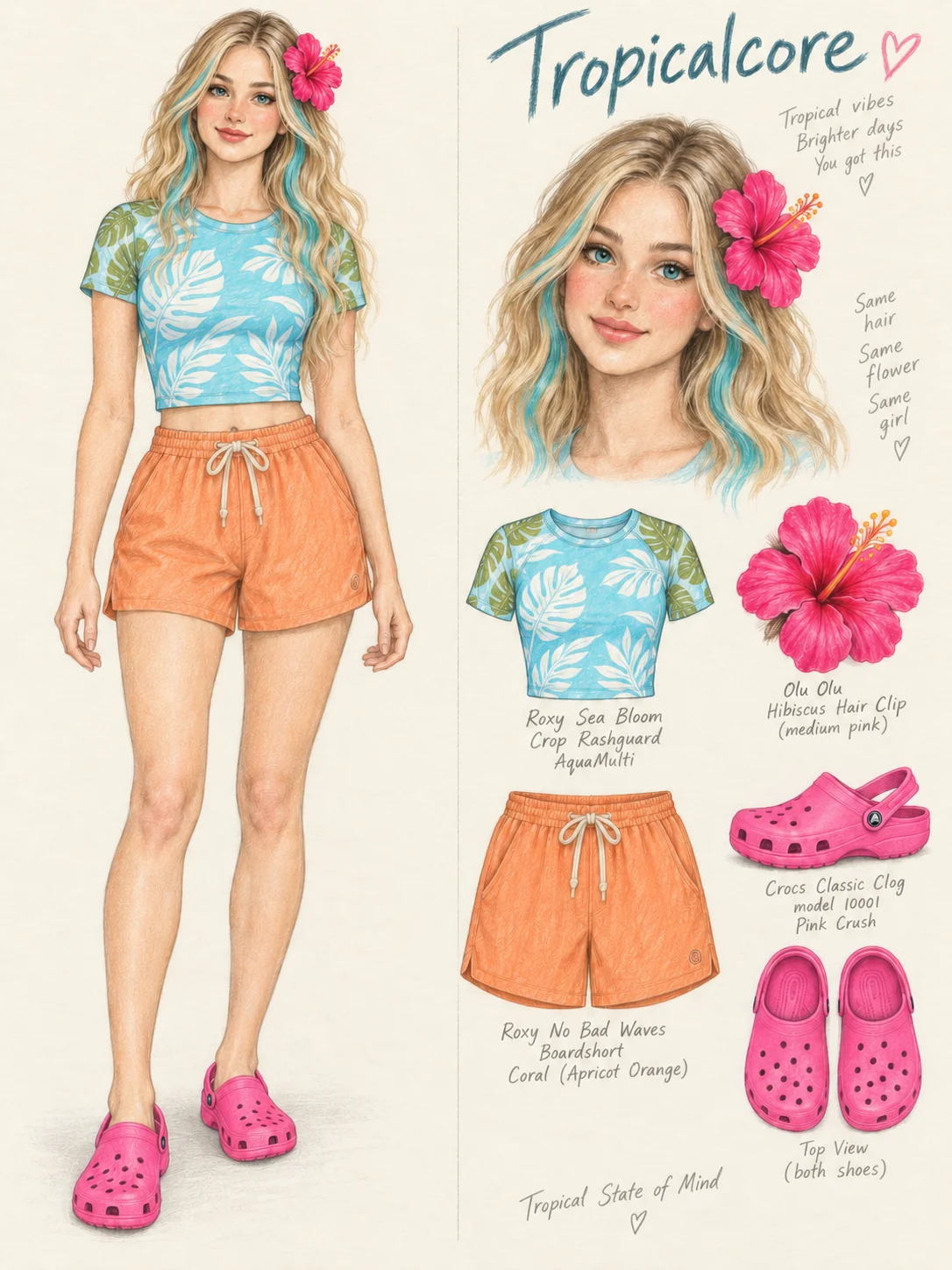 Full-length colored-pencil fashion sketch on warm ivory. Fresh youthful face, long blonde waves with turquoise front strands, one vivid pink hibiscus, rosy cheeks and sheer pink lips. Natural slim body and slender softly shaded legs, with ordinary knee anatomy and no exaggerated calf/thigh muscles. Aqua close crewneck leaf-print short-sleeve top, loose apricot drawstring shorts, bright pink molded clogs and large pink flower. Matching face and four-piece studies sit to the right. Correction removed all left-column writing; crop cleanly preserves full hair, hands and both clogs.