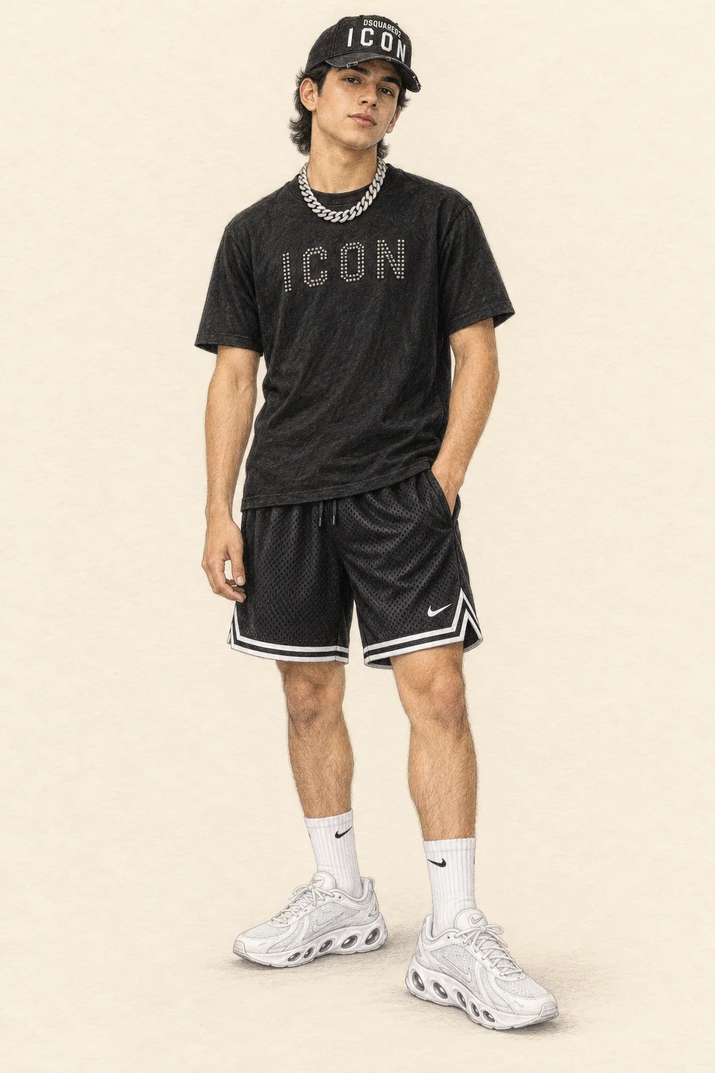 Realistic coloured-pencil portrait of a youthful Mexican man with a black cap, studded black tee, loose white-trimmed shorts, silver chain, white socks and white trainers.