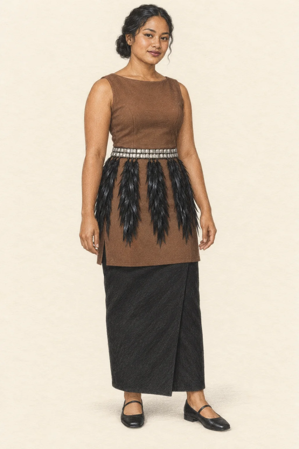 Full coloured-pencil Tongan woman in a brown tunic, long black wrapped skirt, open black-and-silver kiekie and black flats.
