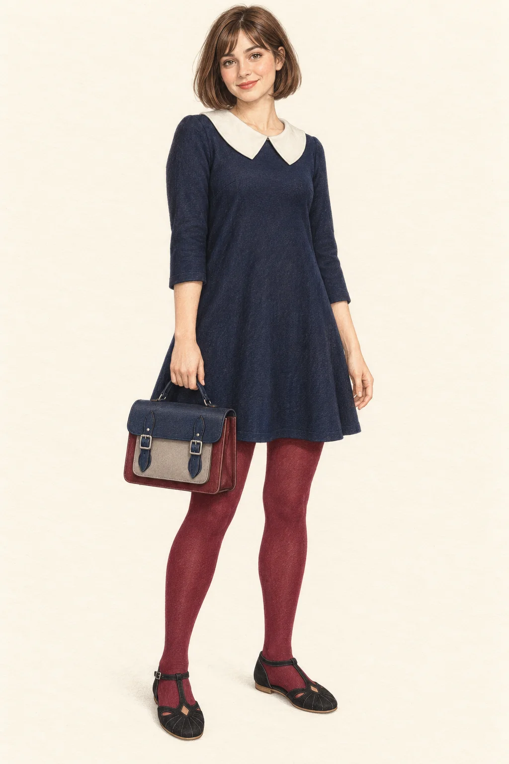 Detailed colored-pencil full-body portrait of a young woman with a chestnut bob, navy dress and ivory collar, burgundy tights, black T-bar flats and a clay, oxblood and navy satchel on warm ivory paper.
