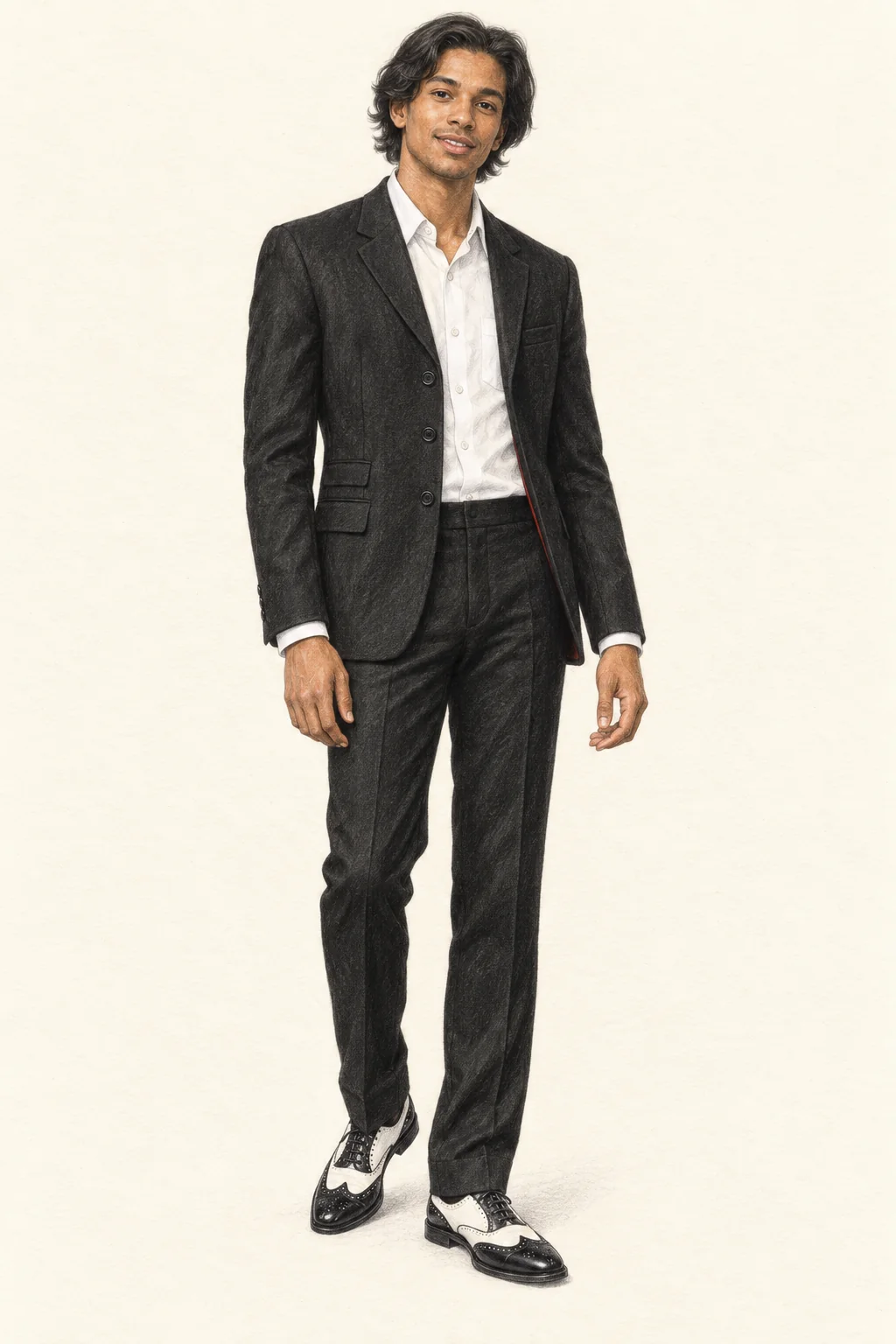 Realistic colored-pencil portrait of a young figure in a black three-button suit, white shirt and black-and-white brogues on warm ivory paper.