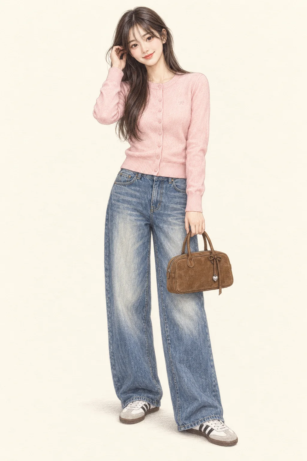 Detailed graphite and colored-pencil full-body portrait of a young woman with long dark hair in a pink cardigan, wide faded blue jeans and white low trainers, holding a small brown suede bag on ivory paper.