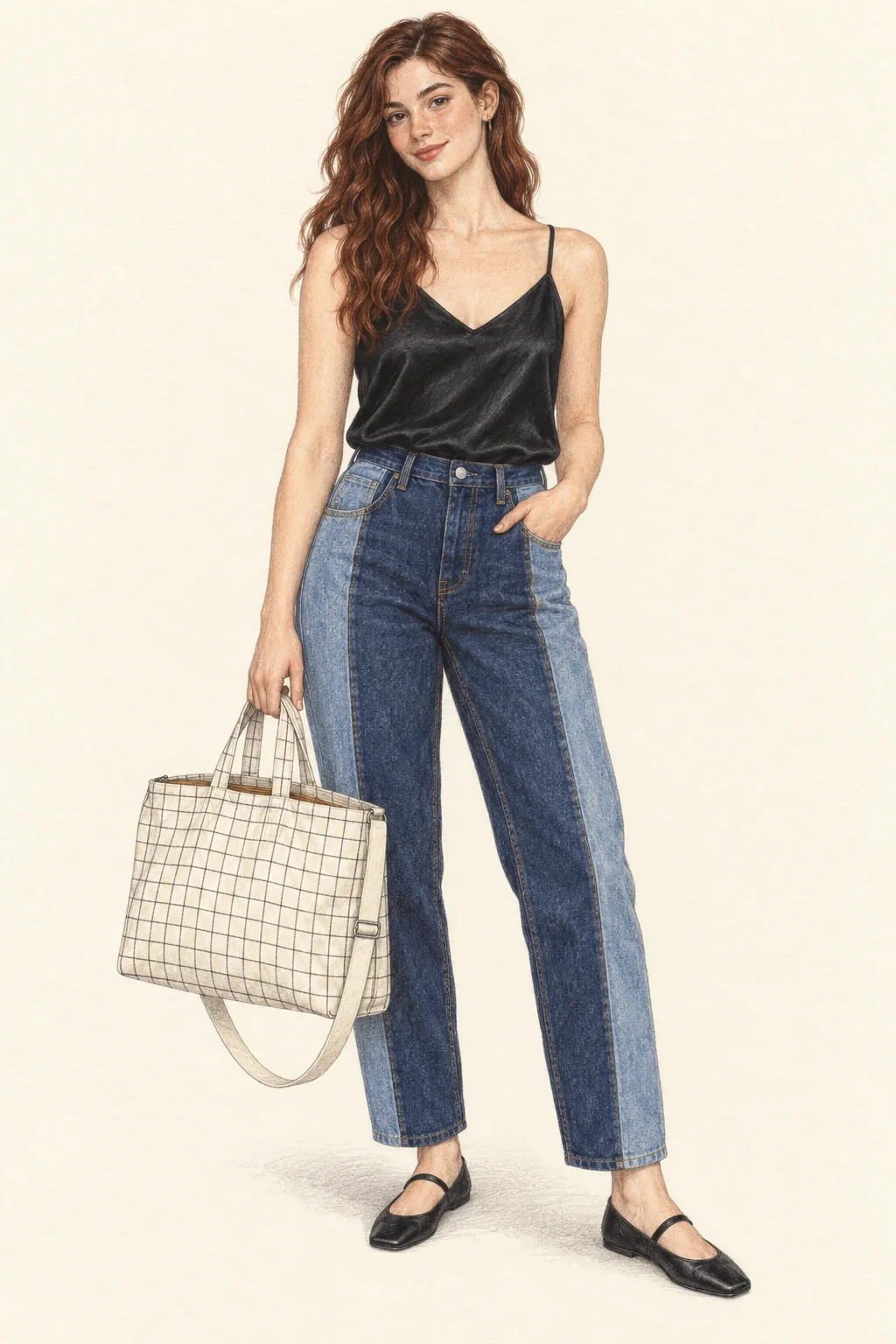 Full-length colored-pencil drawing of a young adult in a black camisole, two-tone blue panel jeans and black Mary Jane flats, carrying a cream grid tote on ivory paper.