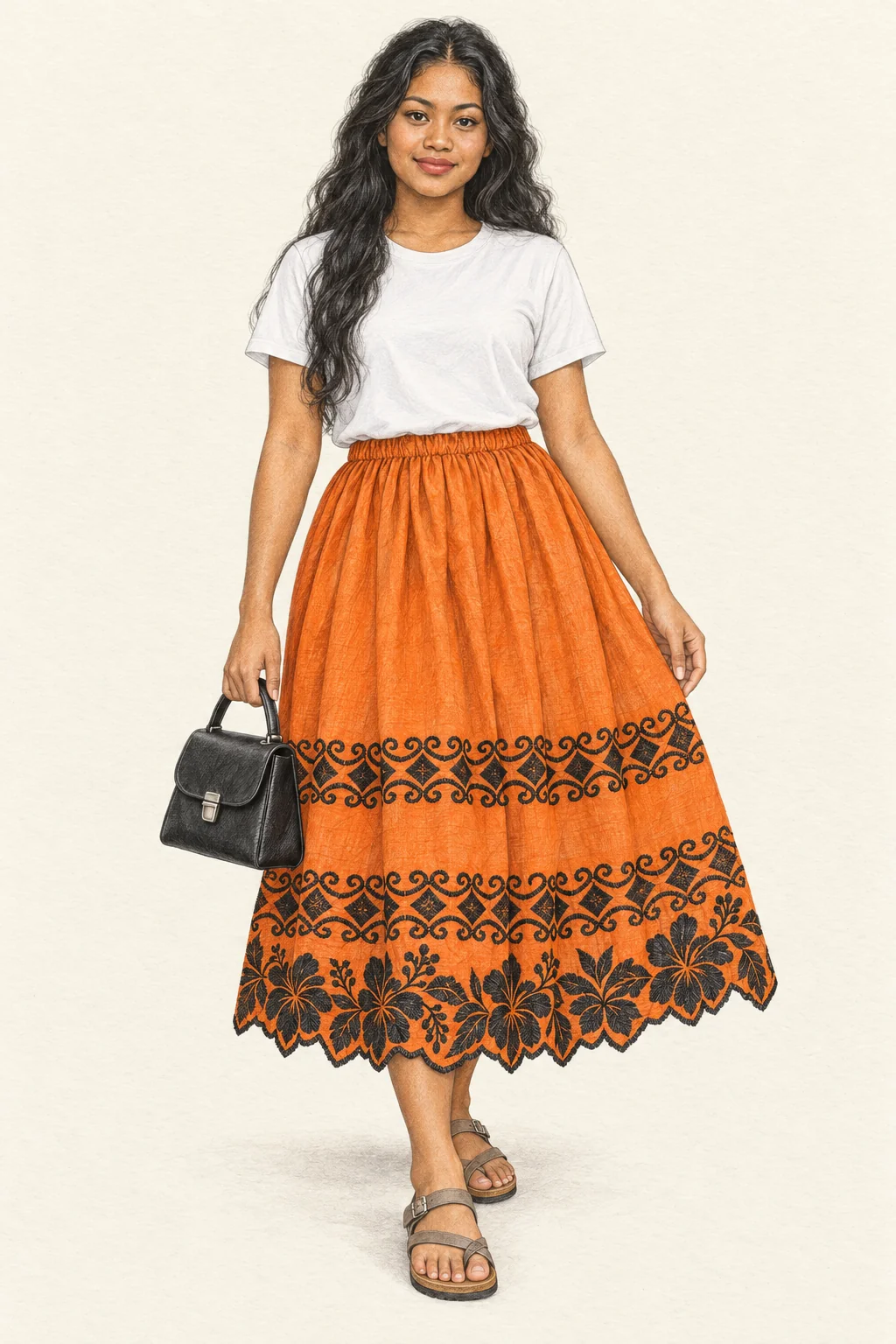 Detailed pencil portrait of a youthful Pohnpeian woman in an orange embroidered urohs, white tee, flat sandals and small black bag.