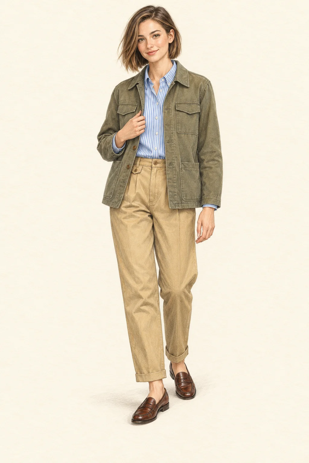 Full-length colored-pencil sketch on warm ivory paper. Youthful soft face with straight side-parted bob tucked behind one ear, lightly defined lashes, natural brows and fresh rose cheeks/lips. Slim natural frame with gently shaded ankles. Olive four-pocket canvas jacket, visible blue-white striped button-down collar, tucked shirt, relaxed khaki single-pleat chinos with cuffs and brown penny loafers. Full hair, hands, low shoe openings and both entire shoes remain inside the crop.
