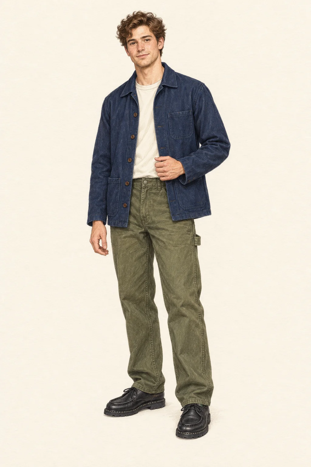 Full-length colored-pencil sketch on warm ivory paper. Youthful wavy brown-haired face with natural brows, relaxed lips and light jaw shading. Natural slim proportions, softly drawn hands and no weathered facial treatment. Navy chore jacket with three exterior patches over an ecru crewneck, olive straight painter trousers with visible side hammer loop, and black apron-front lace-ups. Both hands, complete hair, loop and both whole shoes retained within the exact crop.