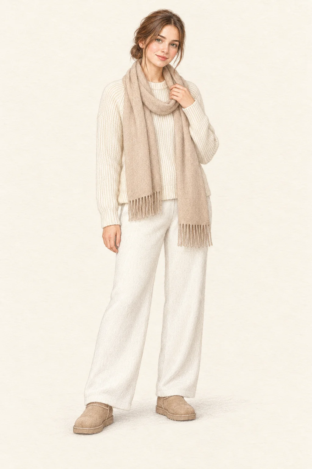 Colored-pencil full-length portrait of a young woman with a chestnut bun wearing an ivory ribbed sweater, white knit trousers, sand ankle boots and a beige fringed scarf.