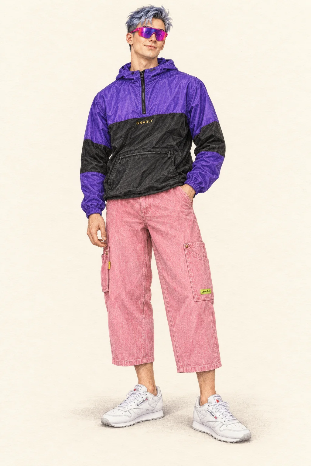 Youthful Vaporwavecore pencil fashion sketch: violet nylon, cropped pink denim and mirrored shades.