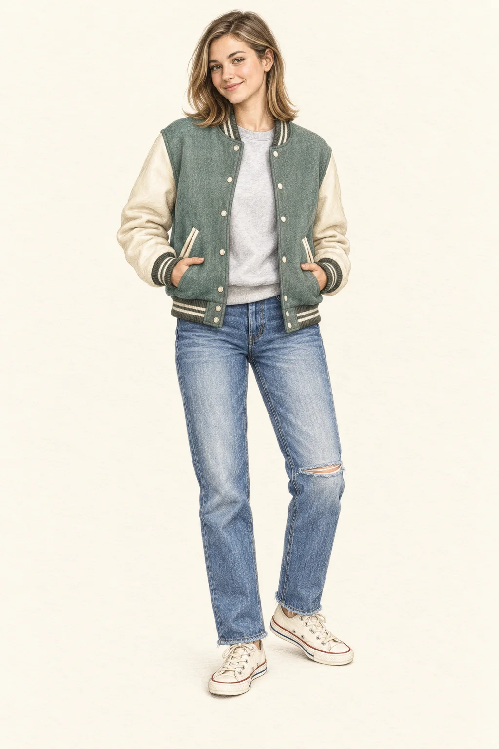 Full-length colored-pencil fashion sketch on warm ivory paper. Retained youthful soft face with shoulder-length lightly waved blonde hair, tucked ear, fresh rose cheeks and pink lips. Natural slim figure in relaxed sportswear, gentle facial shading. Sea-green wool/cream-sleeve varsity jacket with striped ribs, pale grey crewneck, straight washed jeans and parchment canvas low-tops. Hands rest in jacket pockets; exact crop includes full head, sleeve widths, denim hems and both shoes.