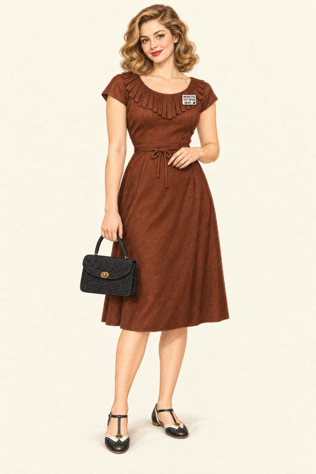 Full-length colored-pencil sketch on warm ivory paper. Retained youthful young-adult face, brushed shoulder-length blonde waves, warm red lip and soft upper lash definition. Natural healthy proportions and softly shaded bare lower legs. Chestnut tab-neck waist-tie dress, black corded short-handle bag, black-and-ivory T-bar flats and small white modern enamel pin. Exact centered crop preserves all hair, both hands, bag and both entire shoe soles.