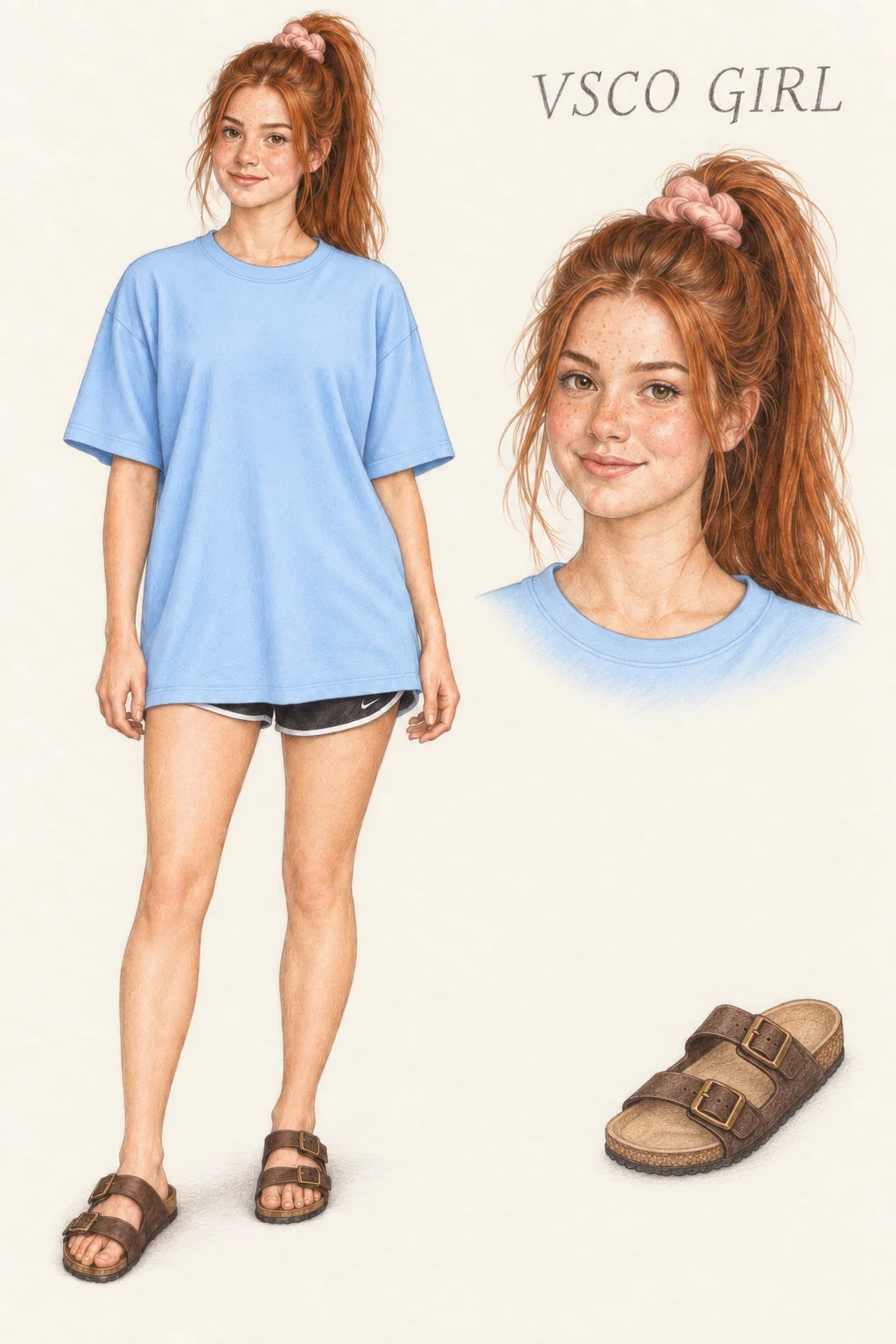 VSCO Girl colored-pencil sketch sheet: youthful copper-haired figure in an oversized pale blue tee, black bound running shorts, brown two-strap sandals and blush scrunchie, with matching portrait and sandal studies on ivory paper.