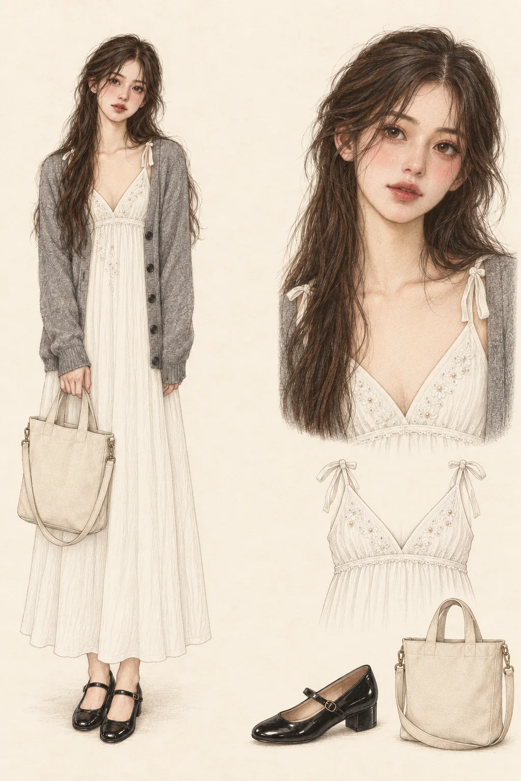 Detailed colored-pencil Waifcore fashion sheet on opaque warm ivory paper: Embroidered white dress, grey cardigan and black Mary Janes. Complete youthful fictional figure at left, matching portrait and item studies at right.