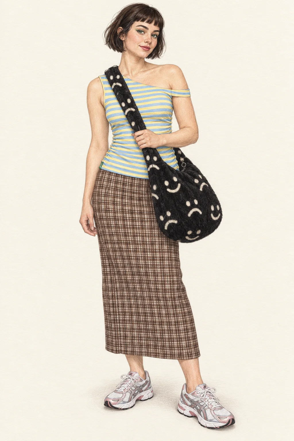Youthful Weird Girl pencil fashion sketch: uneven stripes, cocoa checks and a fuzzy expression bag.
