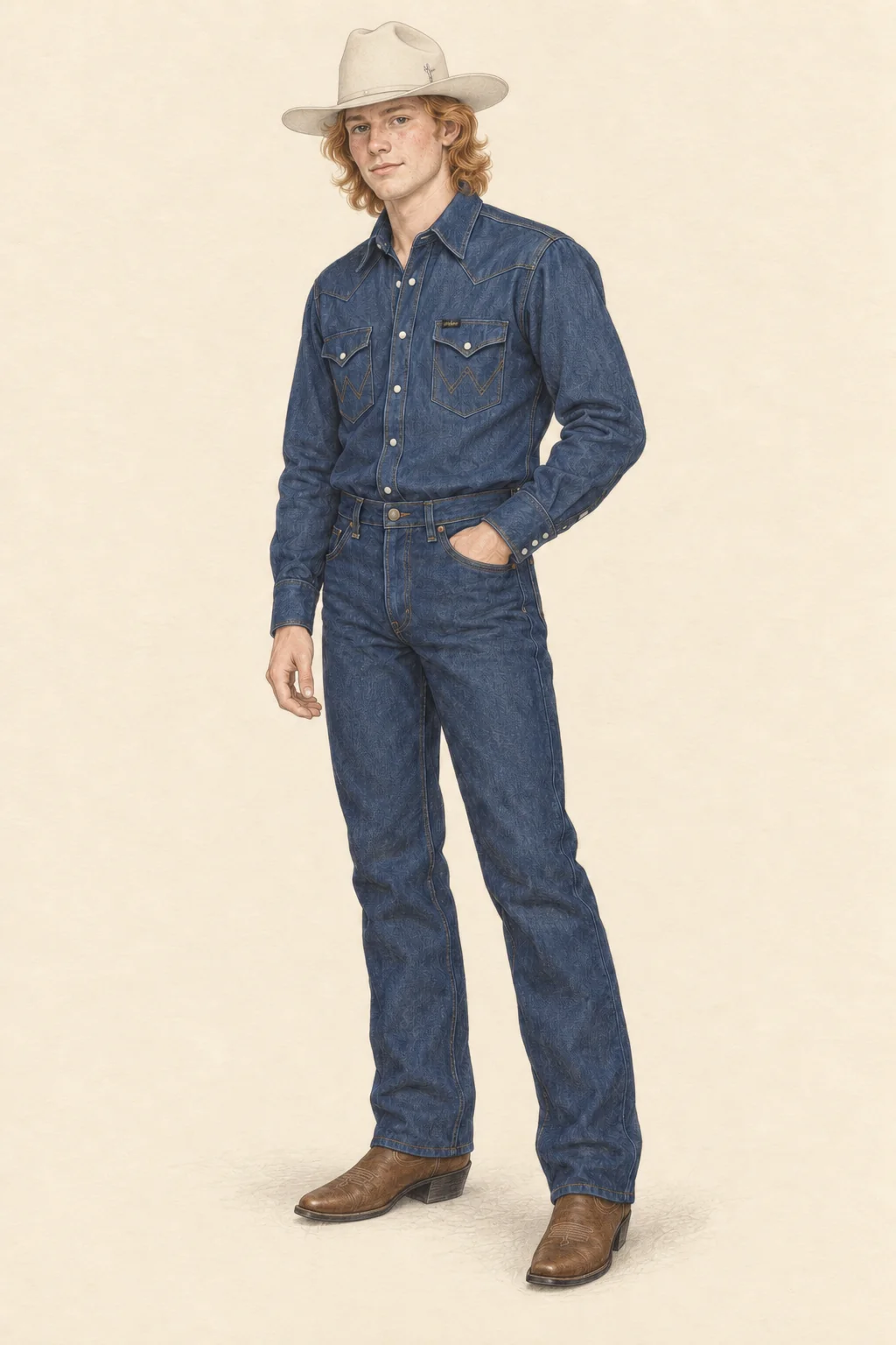 Realistic colored-pencil fashion sketch of a young adult with shoulder-length strawberry-blond hair wearing a pale cattleman hat, indigo Western snap shirt, indigo jeans and brown Western boots on ivory paper.