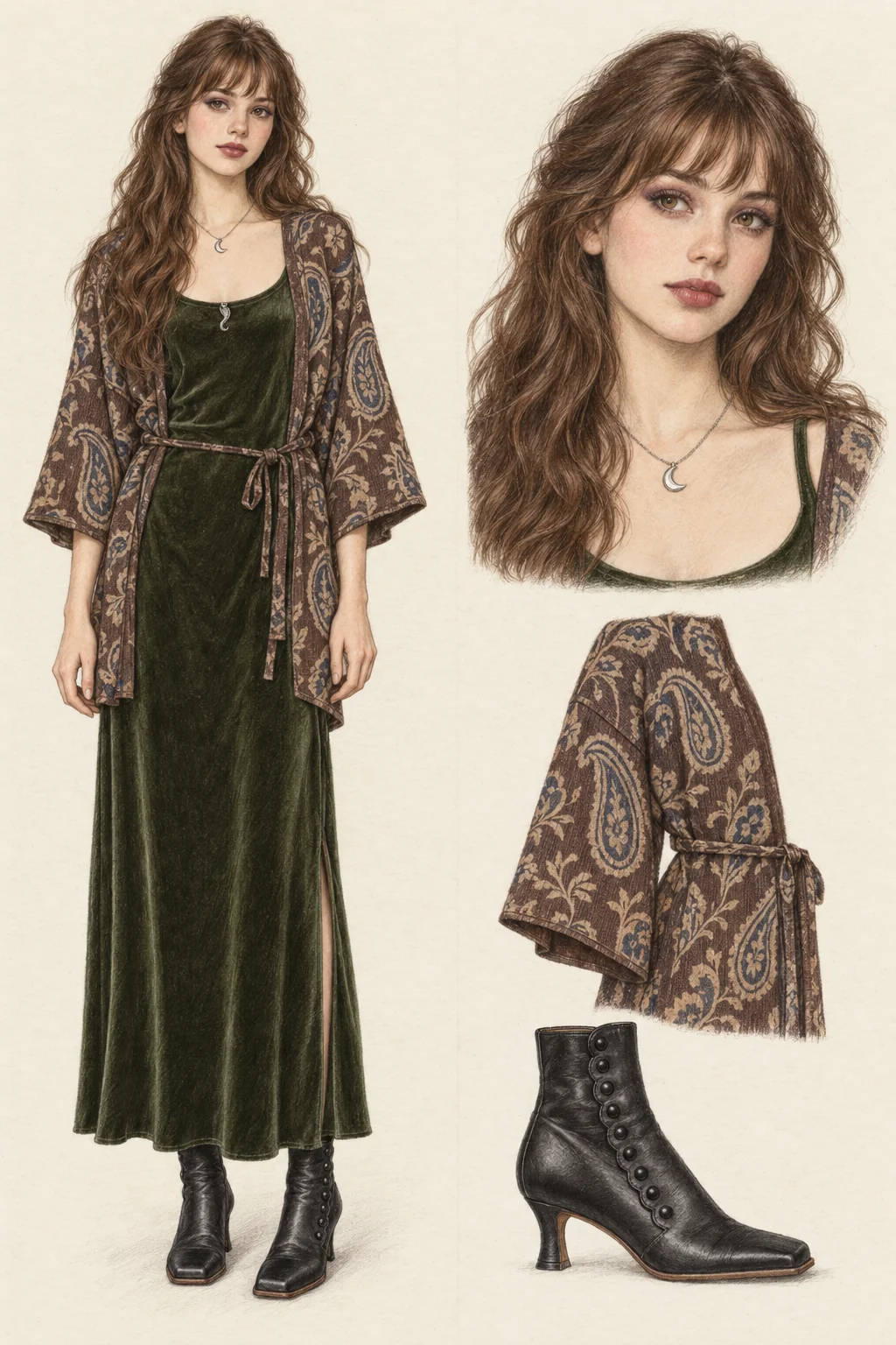 Youthful Whimsigoth fashion sketch: olive velvet, brown paisley and a silver crescent.