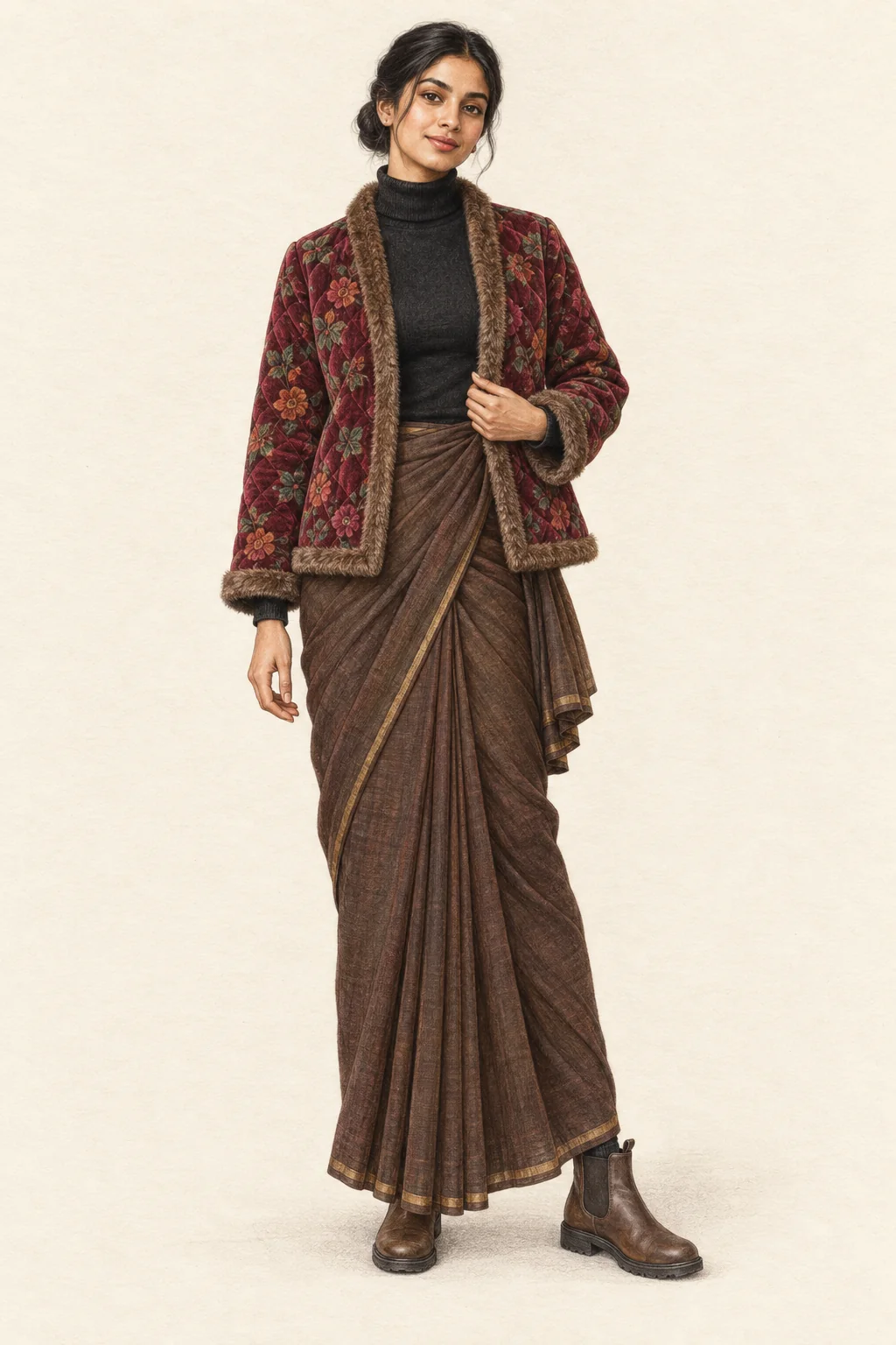 Detailed pencil portrait of a young Indian woman in a brown draped sari, black roll neck, wine velvet jacket and brown boots.