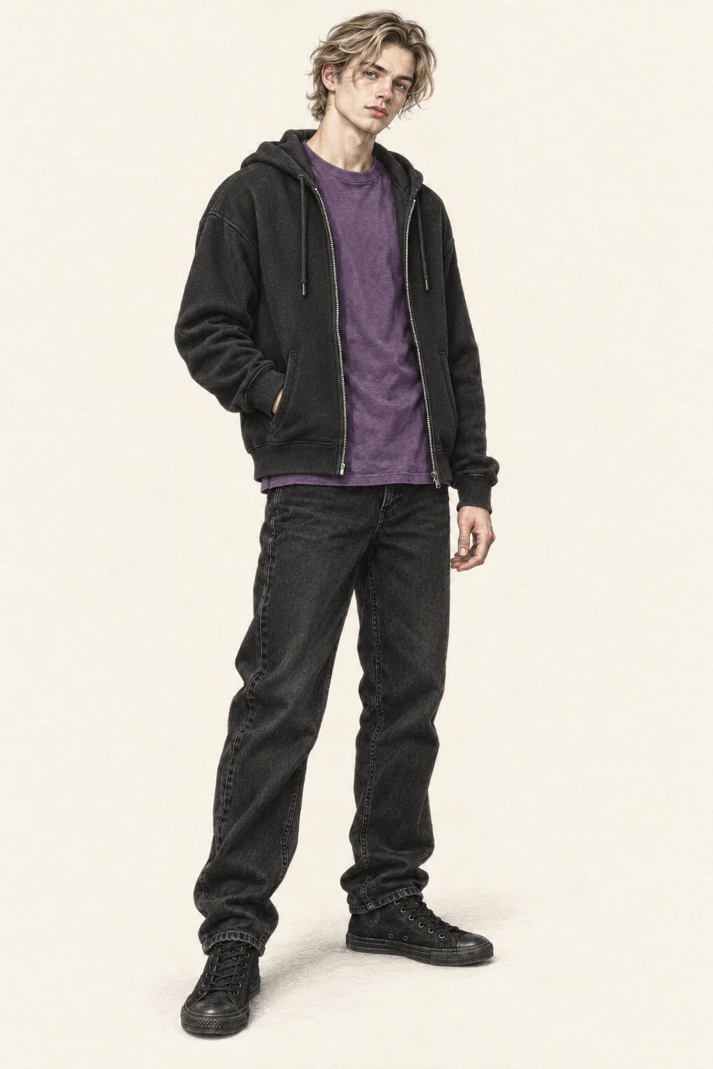 Detailed colored-pencil portrait of a young adult man with ash-blond waves, open charcoal hoodie, purple tee, loose black jeans and all-black canvas high tops on ivory paper.