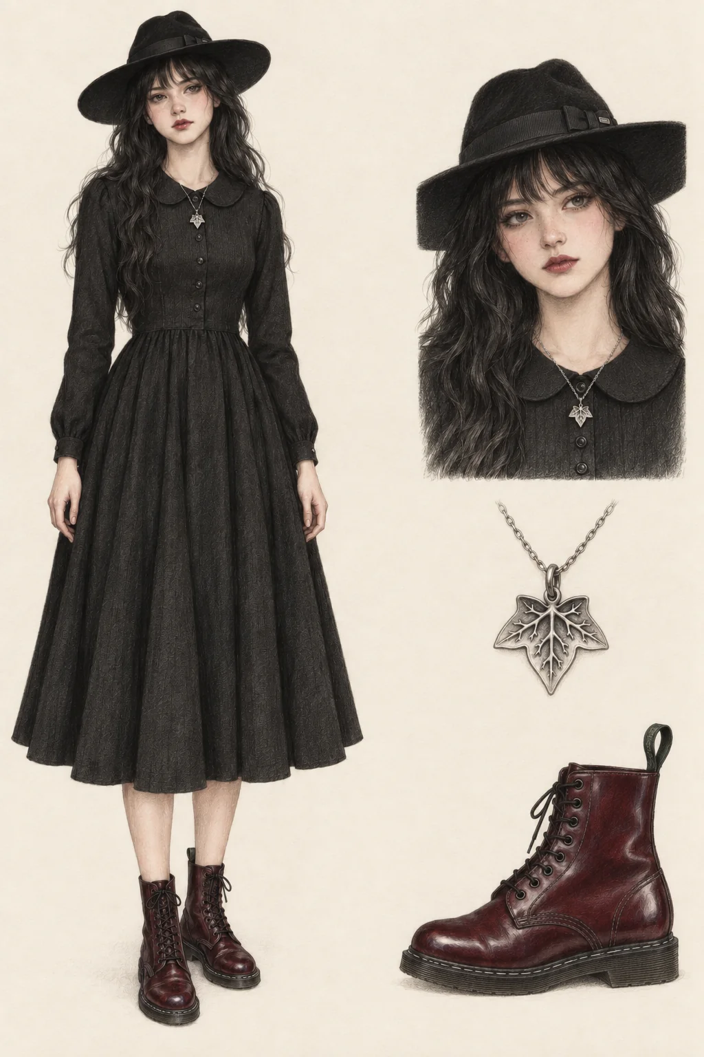 Youthful Witchcore fashion sketch: black linen, a broad brim and oxblood boots.