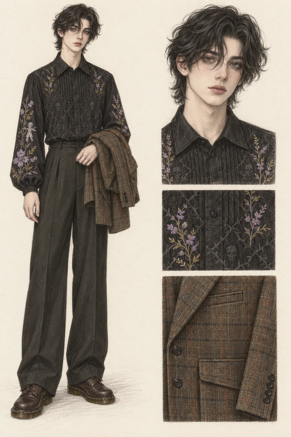 Youthful Witchy Academia fashion sketch: botanical embroidery, checked tweed and wide black trousers.