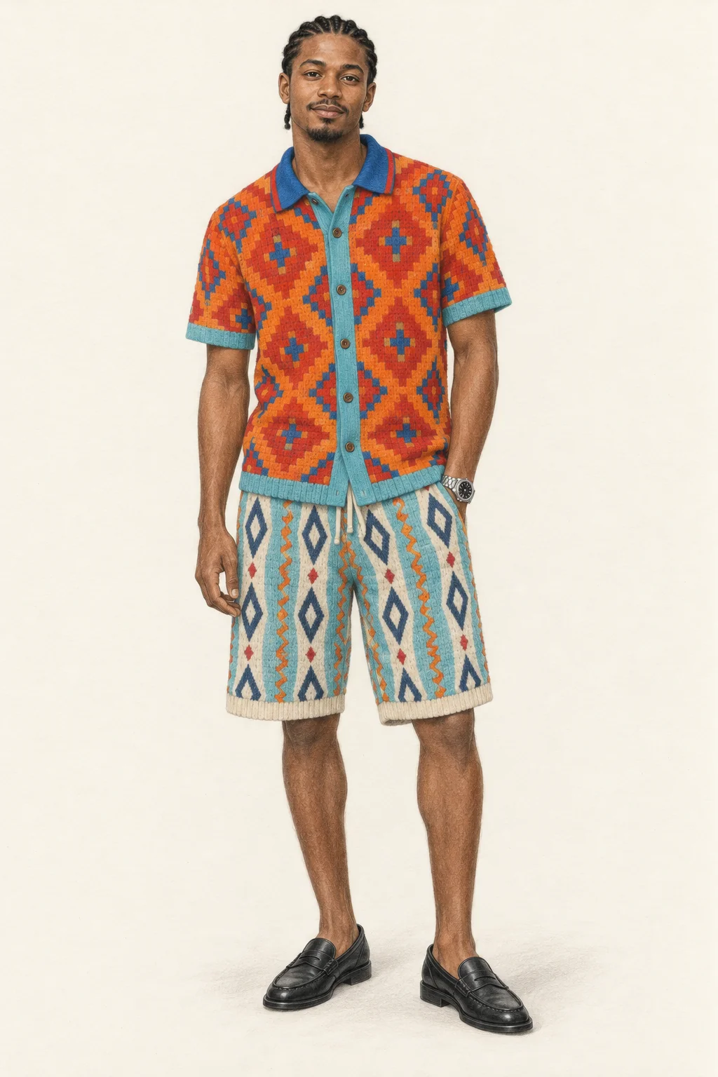 Detailed pencil portrait of a young South African man in an orange geometric knit shirt, pale patterned shorts, silver watch and black loafers.