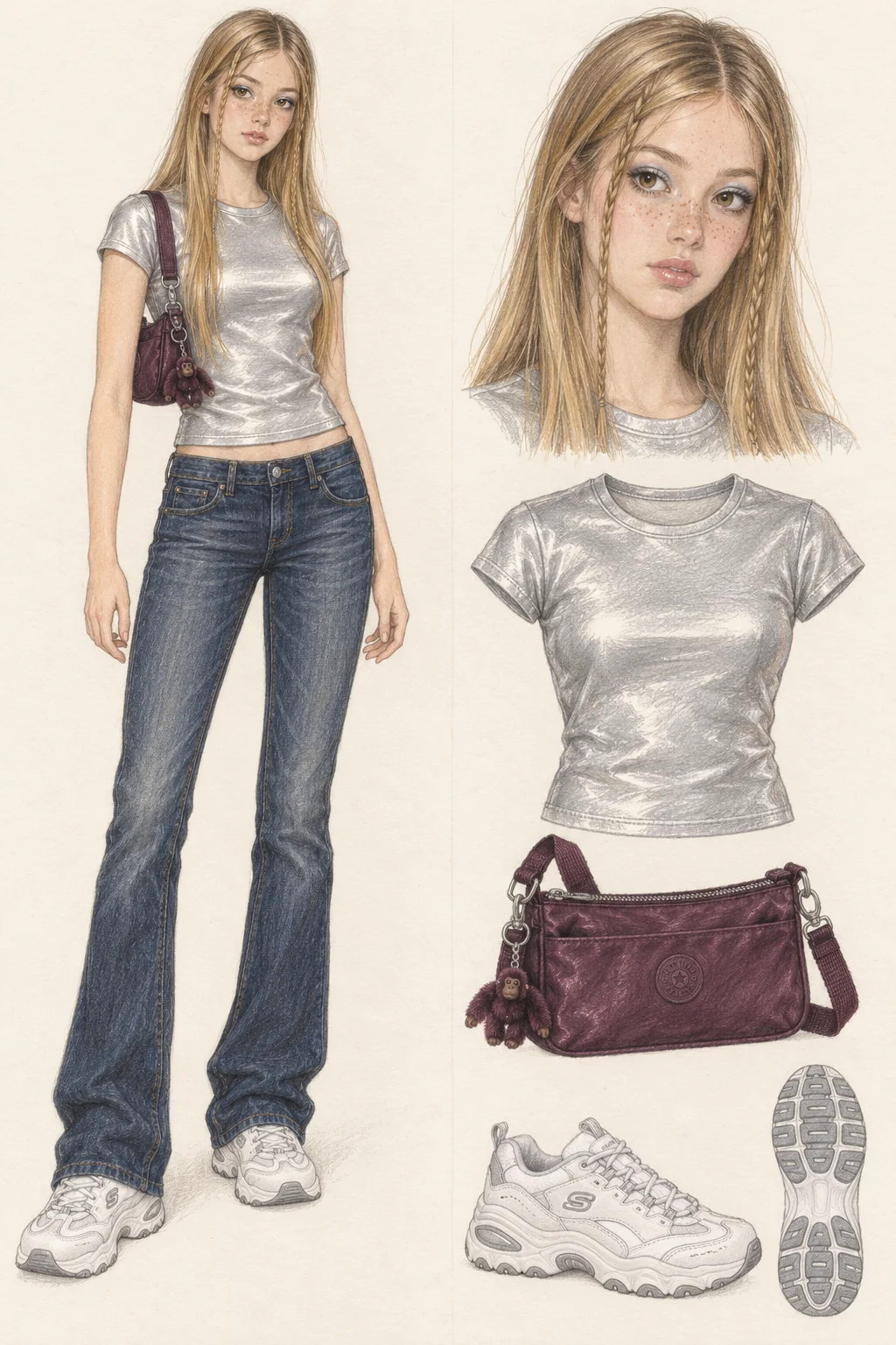 Youthful Y2K fashion sketch: laminated silver, low bootcut denim and a plum shoulder bag.