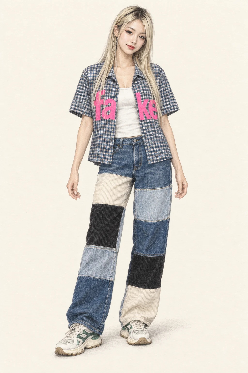Fictional young Chinese woman with bleached hair, a checked pink-lettered shirt, patchwork jeans and chunky white-and-green trainers.