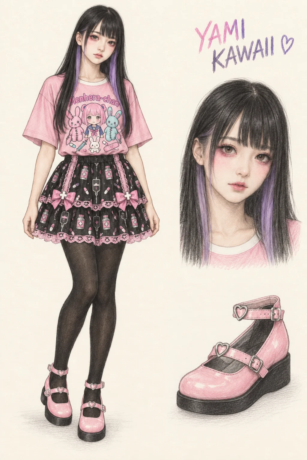 Detailed colored-pencil Yami Kawaii sheet on ivory: a youthful fictional Japanese character with long black hair, lavender panels, blunt fringe and rose lower-eye makeup wears a pink stitched-rabbit character tee, black medical-print frilled skirt, opaque black tights and complete pink heart-ring shoes. Separate face and shoe studies sit at right.